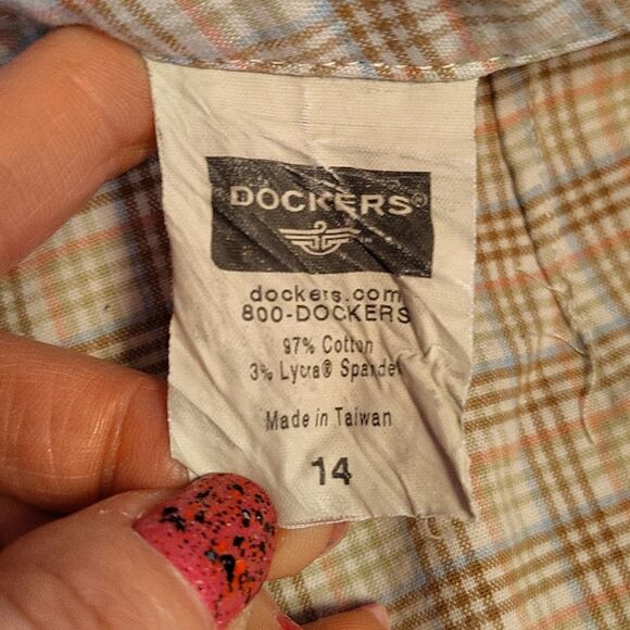 VTG Y2K Dockers Tan Pink Plaid High Rise Wide Leg Cropped Pants Size 14 - Picture 8 of 9